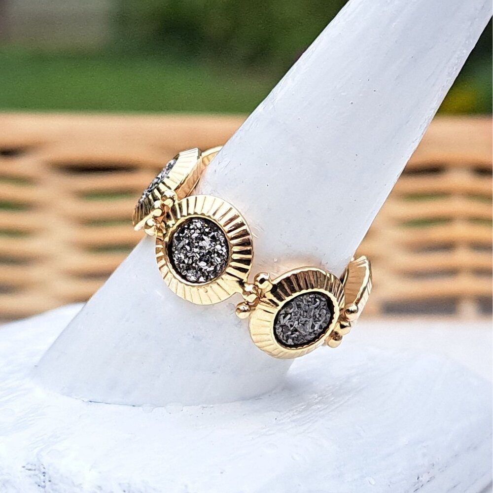 14K Yellow Gold Milor Italy Gray Druzy Medallion Link Ring - Picture 3 of 14